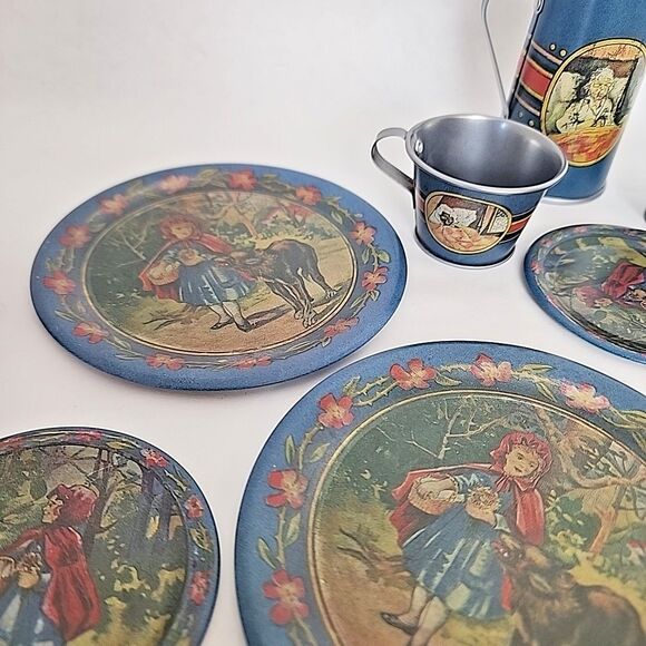 Children's Tin Litho Complete Tea Set of 4 Little Red Riding Hood Reproduction - Picture 8 of 11